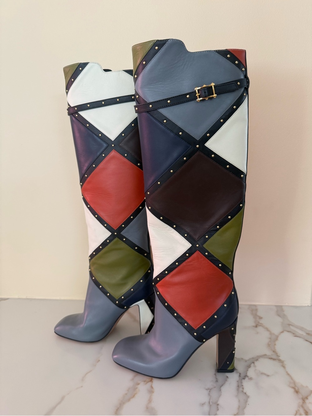 Valentino Garavani Multicolor Patchwork Studded Knee High Leather Boots